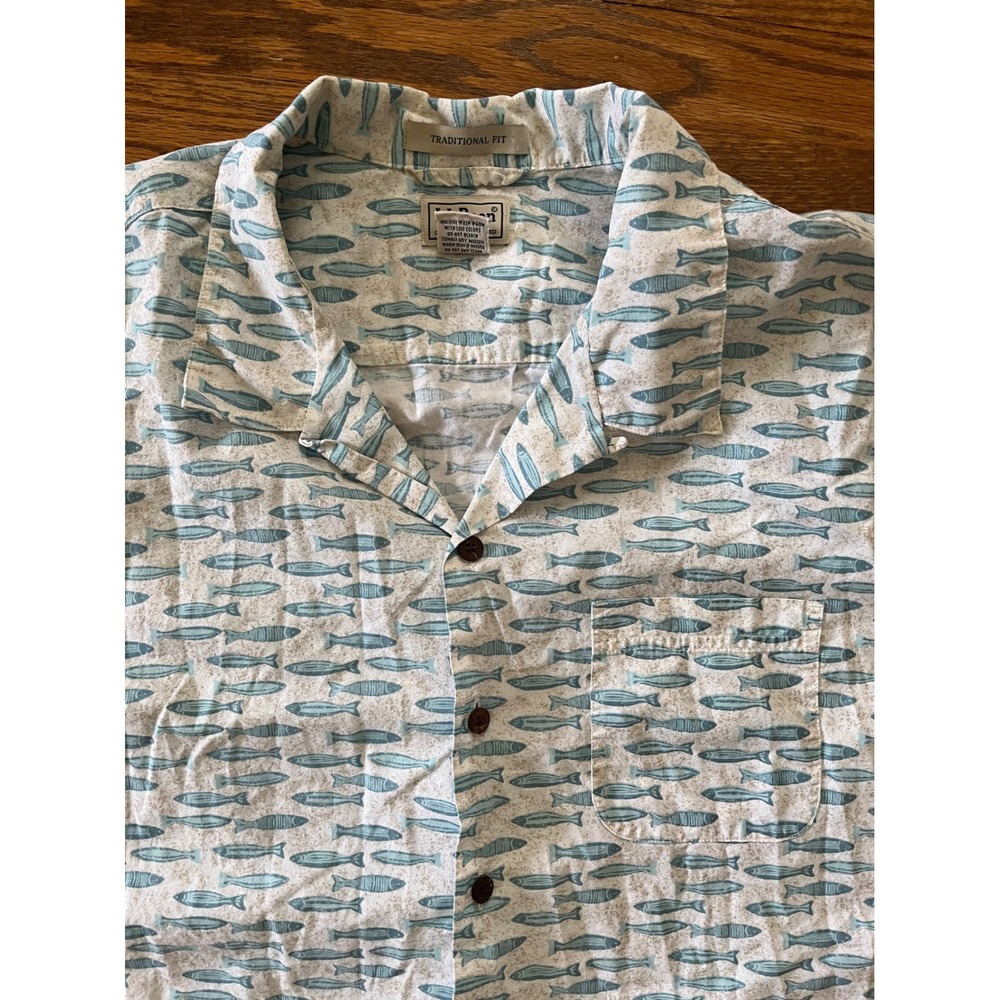 LL Bean Mens XXL Traditional Fit Fish Print Cotton Short Sleeve Shirt 300229